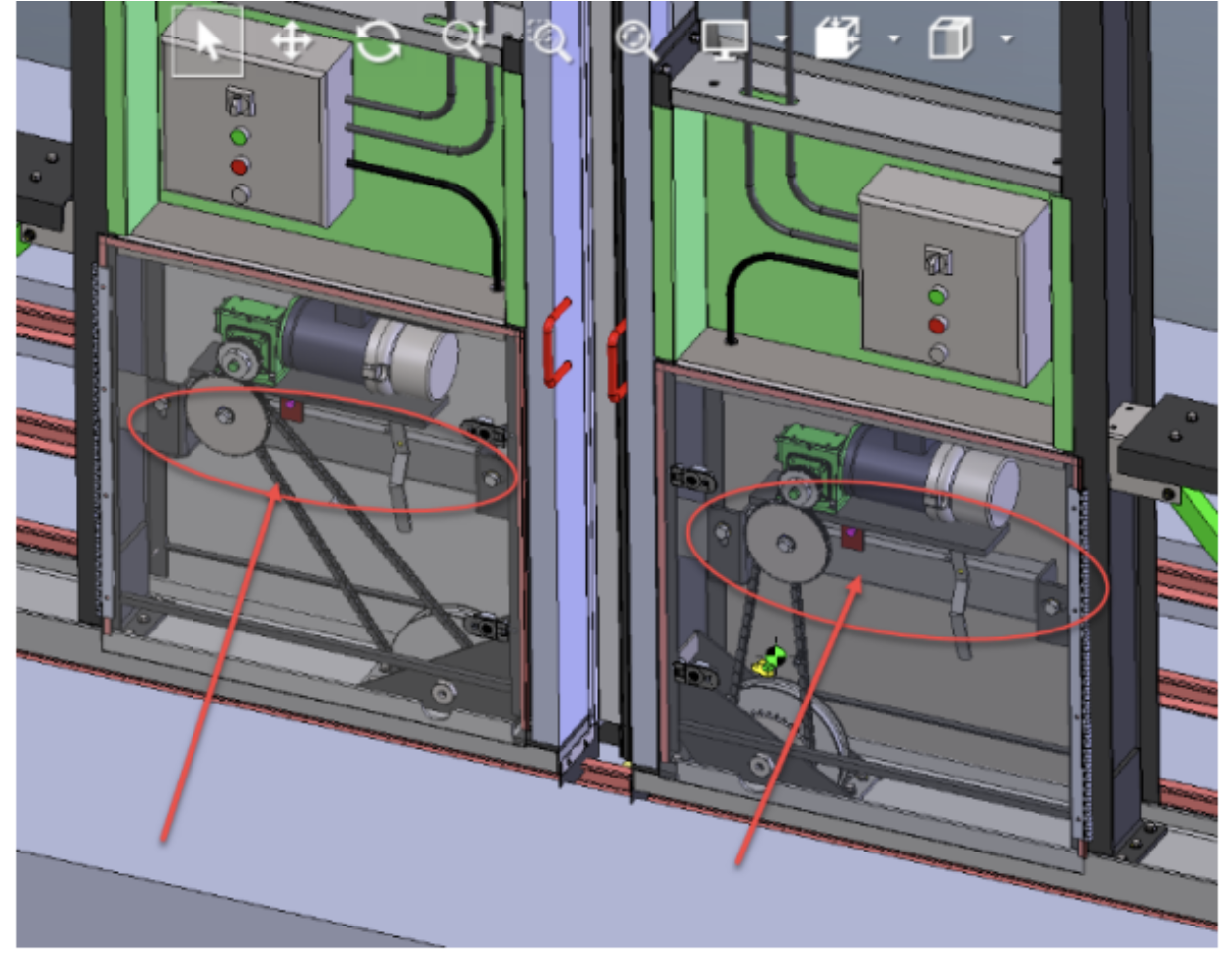 Reference CAD assembly of the hangar door operator, with pivot disconnect components highlighted in red